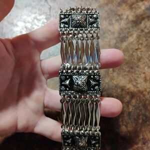 Sterling Silver Articulated Mayan Tribal Panel Link Bracelet Signed Mexico Sterl